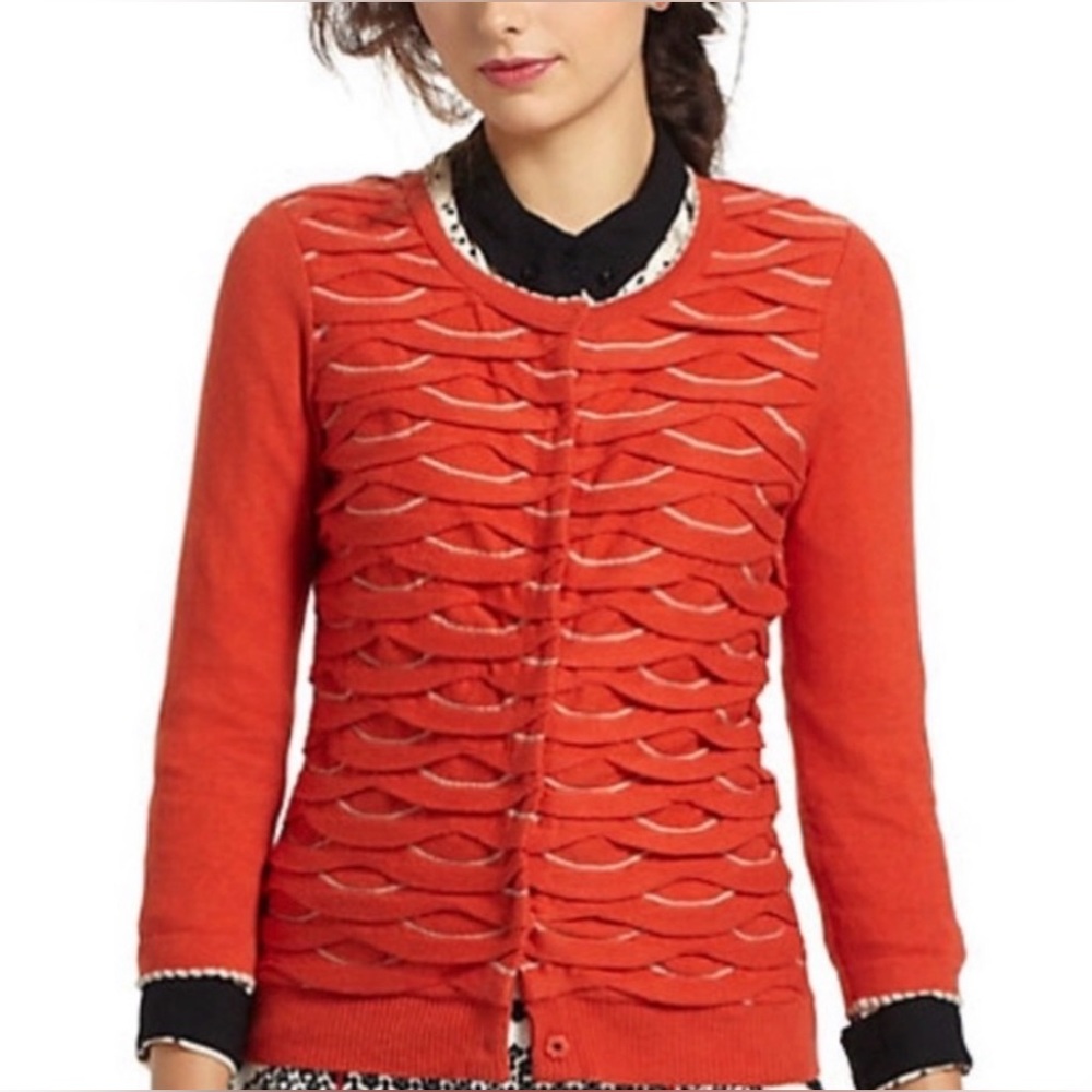 Anthropologie Yellow Bird Winter Waves Scalloped Cardigan Sweater Orange Small